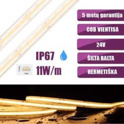 5m COB vientisa Šilta balta 3000K 11W/m 24V hermetiška LED juosta 480LED/m IP67 CRI90