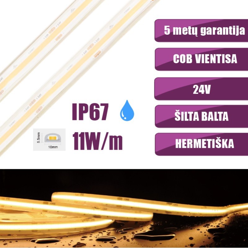 5m COB vientisa Šilta balta 3000K 11W/m 24V hermetiška LED juosta 480LED/m IP67 CRI90