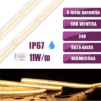 5m COB vientisa Šilta balta 3000K 11W/m 24V hermetiška LED juosta 480LED/m IP67 CRI90