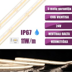 5m COB vientisa Neutrali balta 4000K 11W/m 24V hermetiška LED juosta 480LED/m IP67 CRI90