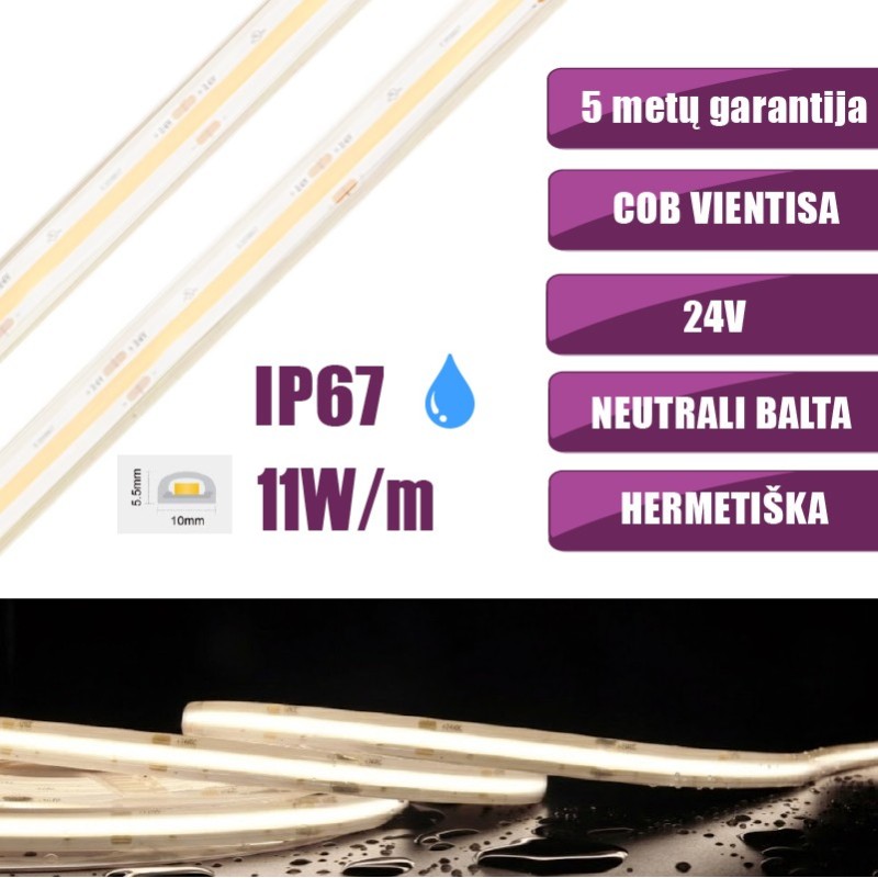 5m COB vientisa Neutrali balta 4000K 11W/m 24V hermetiška LED juosta 480LED/m IP67 CRI90