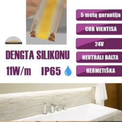 5m COB vientisa Neutrali balta 4000K 11W/m 24V hermetiška LED juosta 480LED/m IP65 180°