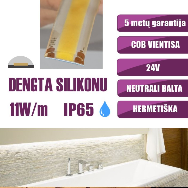 5m COB vientisa Neutrali balta 4000K 11W/m 24V hermetiška LED juosta 480LED/m IP65 180°