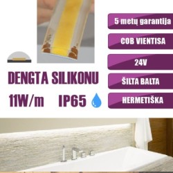 5m COB vientisa Šilta balta 3000K 11W/m 24V hermetiška LED juosta 480LED/m IP65 180°