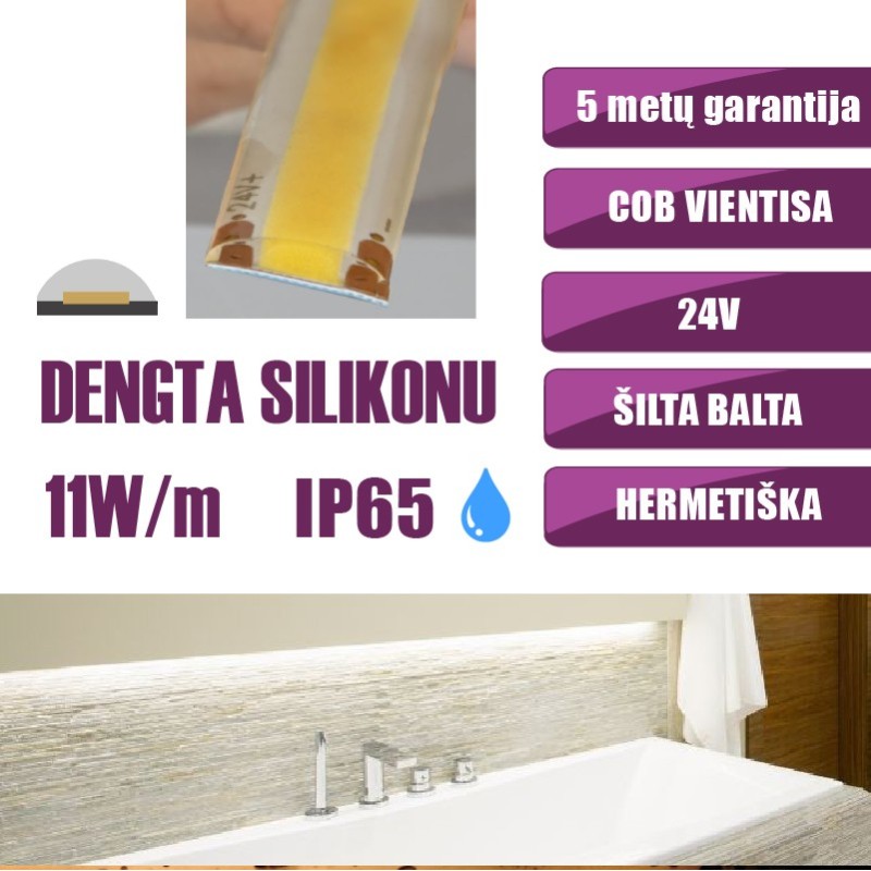 5m COB vientisa Šilta balta 3000K 11W/m 24V hermetiška LED juosta 480LED/m IP65 180°