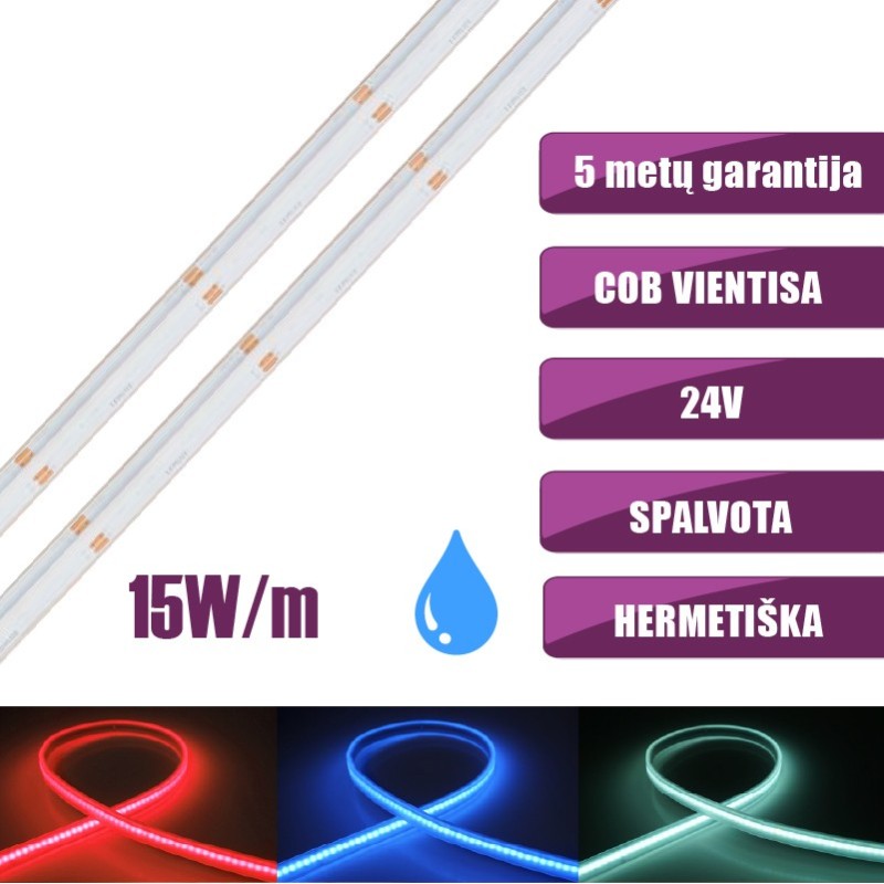 COB vientisa spalvota RGB 15W/m 24V hermetiška LED juosta 840LED/m IP67 180°