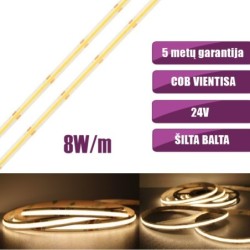 COB vientisa Šilta balta 3000K 8W/m 24V nehermetiška LED juosta 320LED/m IP20 CRI90