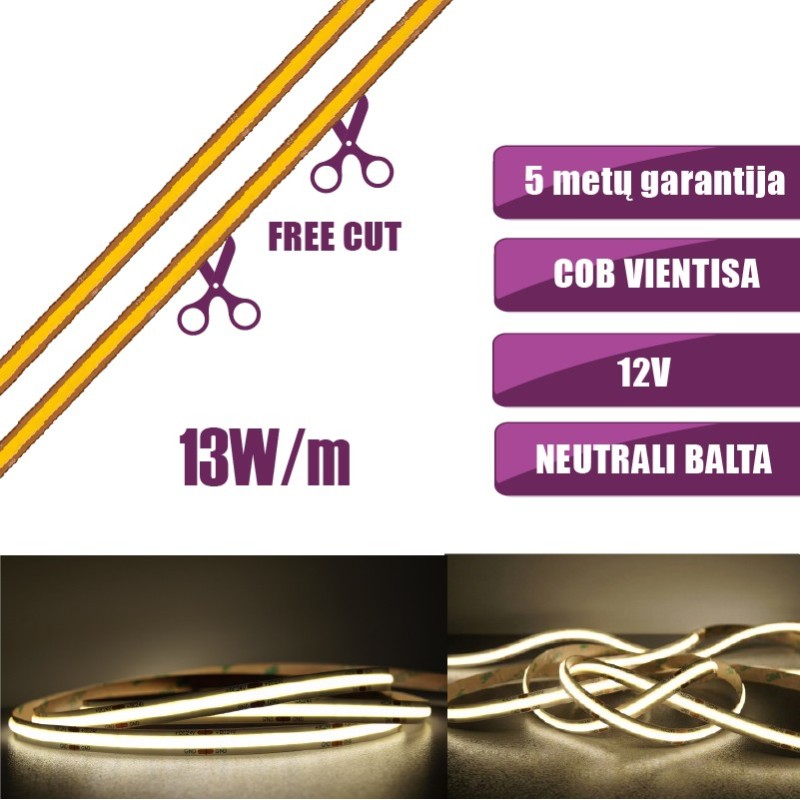 FREECUT COB vientisa Neutrali balta 4000K 13W/m 12V nehermetiška LED juosta 528LED/m IP20 CRI90