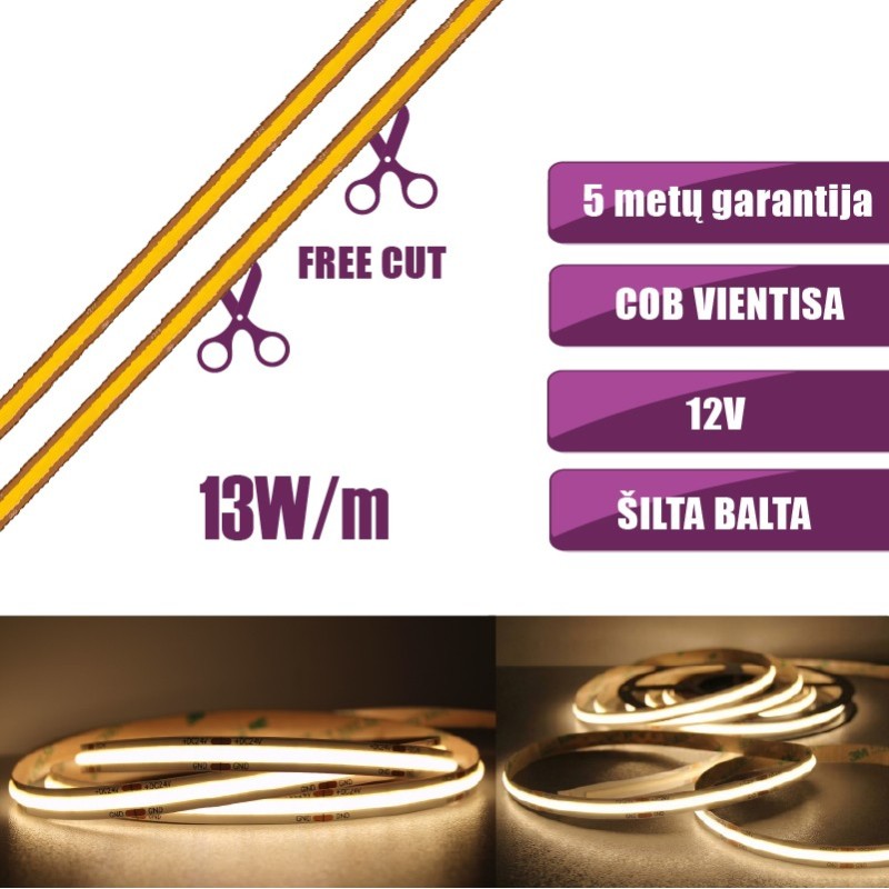FREECUT COB vientisa Šilta balta 3000K 13W/m 12V nehermetiška LED juosta 528LED/m IP20 CRI90