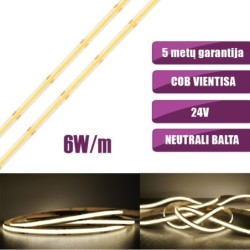 COB vientisa Neutrali balta 4000K 6W/m 24V nehermetiška LED juosta 480LED/m IP20 CRI90