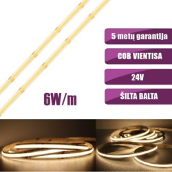COB vientisa Šilta balta 3000K 6W/m 24V nehermetiška LED juosta 480LED/m IP20 CRI90