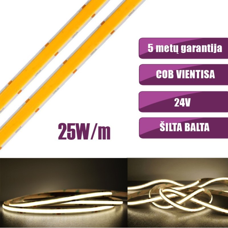 COB vientisa Šilta balta 3000K 25W/m 24V nehermetiška LED juosta 960LED/m IP20 CRI90