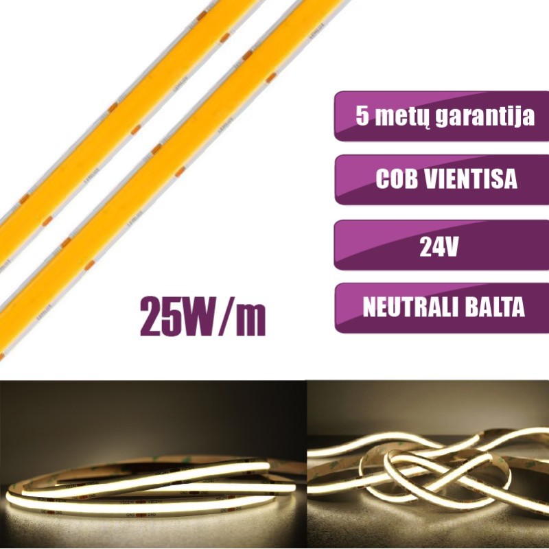 COB vientisa Neutrali balta 4000K 25W/m 24V nehermetiška LED juosta 960LED/m IP20 CRI90