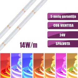COB vientisa spalvota RGB 14W/m 24V nehermetiška LED juosta 480LED/m IP20 180°