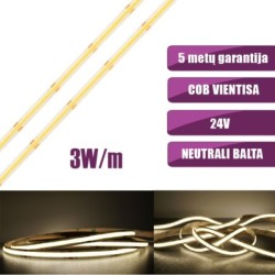 COB vientisa Neutrali balta 4000K 3W/m 24V nehermetiška LED juosta 480LED/m IP20 CRI90