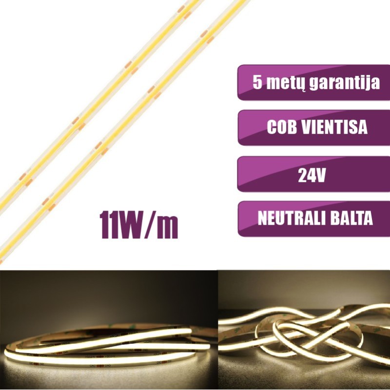 COB vientisa Neutrali balta 4000K 11W/m 24V nehermetiška LED juosta 480LED/m IP20 CRI90