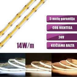 COB vientisa CCT keičiama 2700K-6500K 14W/m 24V nehermetiška LED juosta 608LED/m IP20 CRI90