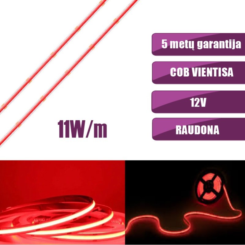 COB vientisa Raudona 11W/m 12V nehermetiška LED juosta 480LED/m IP20 180°
