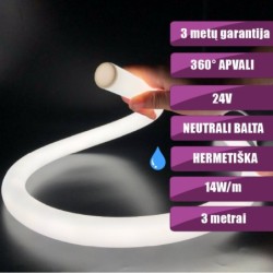 3m NEON FLEX 360° apvali Neutrali balta 4000K 14W/m 24V hermetiška LED juosta Ø25mm IP67