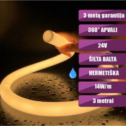 3m NEON FLEX 360° apvali Šilta balta 3000K 14W/m 24V hermetiška LED juosta Ø25mm IP67
