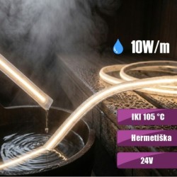 5M COB vientisa 10W/m 24V saunoms ir pirtims (iki 105°C) tinkama šilta balta 2700K LED juosta IP67