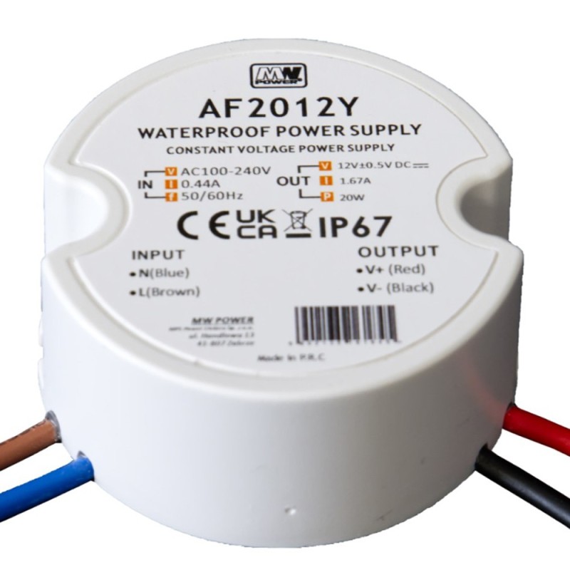 20W 12V Apvalus hermetiškas LED maitinimo šaltinis MW Power 1.67A IP67
