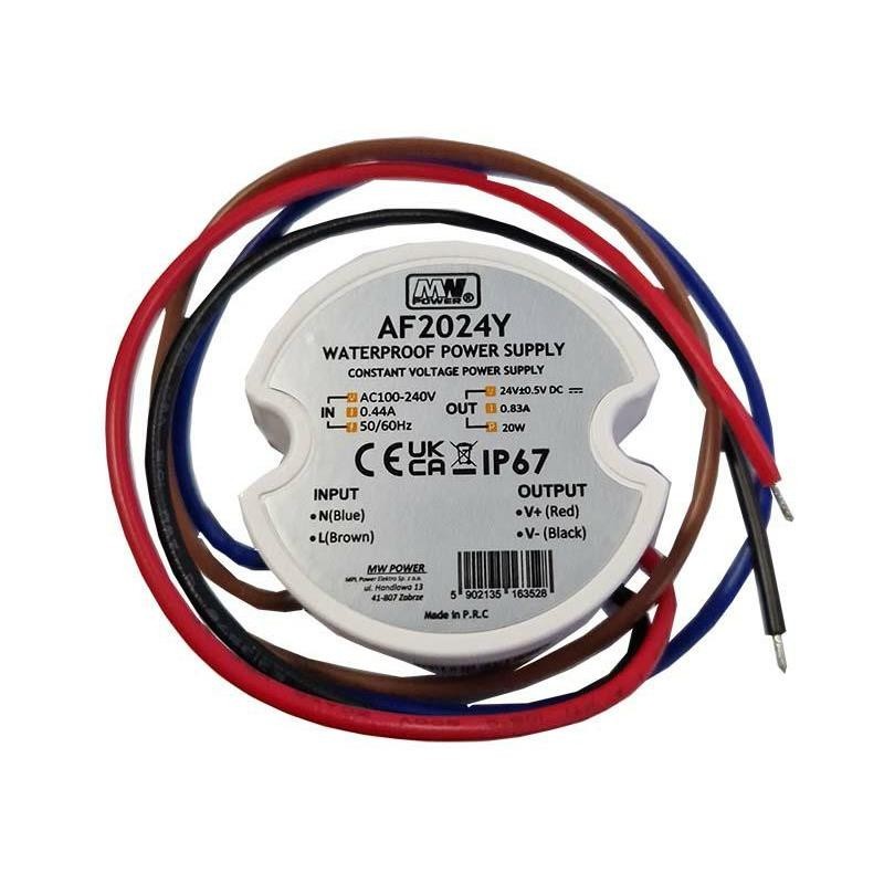20W 24V Apvalus hermetiškas LED maitinimo šaltinis MW Power 0.83A IP67
