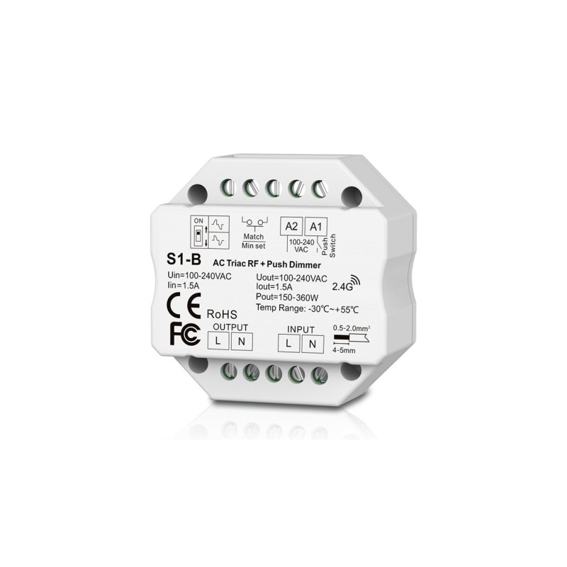 Vieno kanalo 230V Valdiklis dimeris S1-B su TRIAC pritemdymo funkcija  + Push DIM