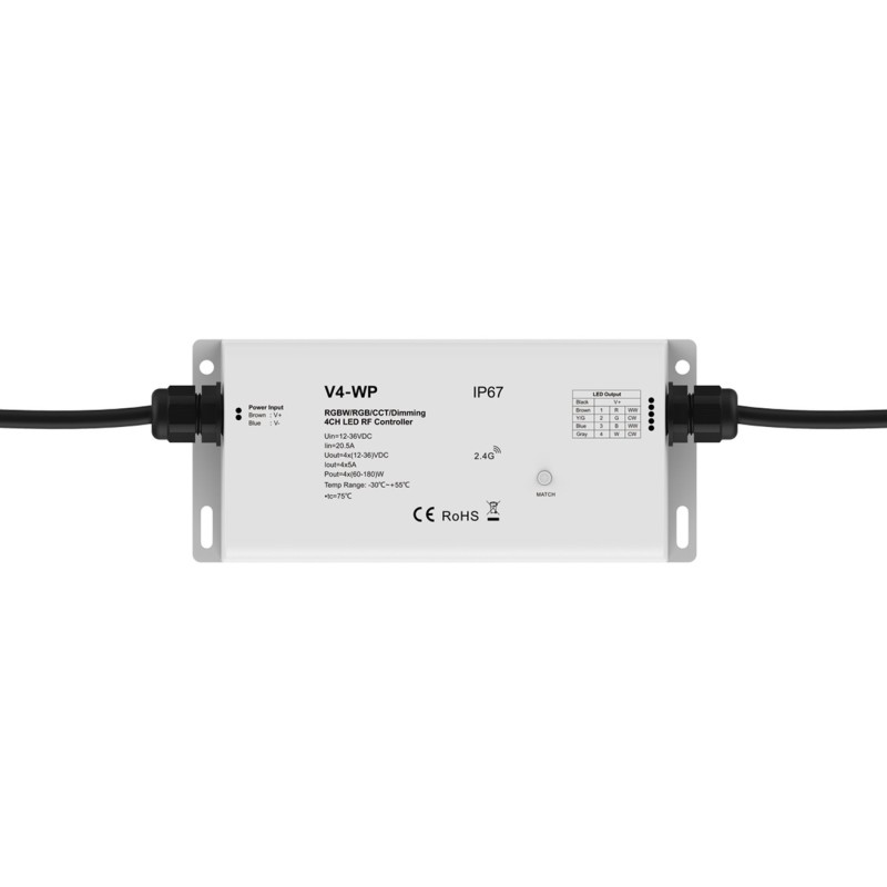 Hermetiškas IP67 nuolatinės įtampos RGB/RGBW valdiklis V4-WP 12-36V 4x5A