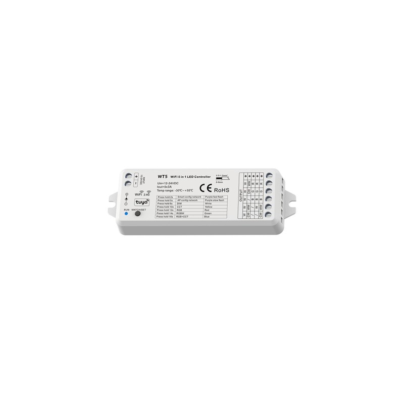 Nuolatinės įtampos 5 kanalų universalus SMART WiFi TUYA vienos spalvos, CCT, RGB/RGBW/RGB+CCT  valdiklis WT5 12-46V 5x3A su gali