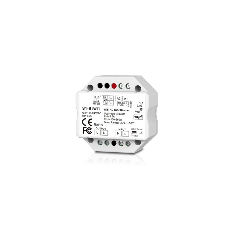 Vieno kanalo 230V valdiklis S1-B(WT) su TRIAC pritemdymo funkcija  + Push DIM + WIFI veikia su TUYA ir SMARTLIFE