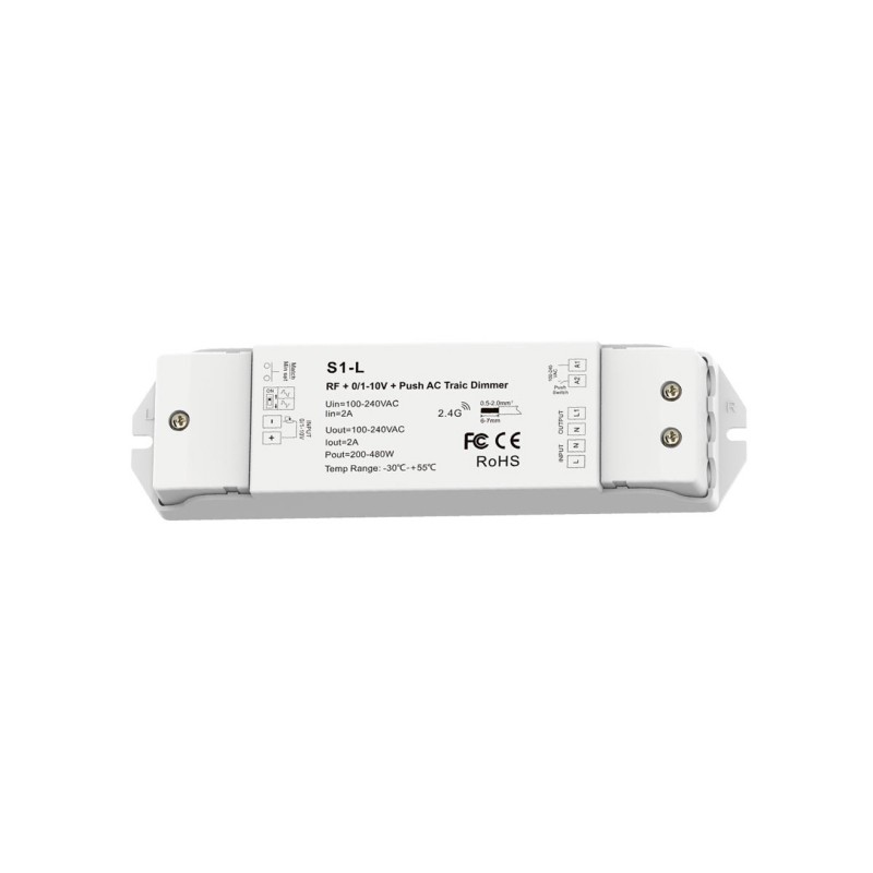 Vieno kanalo 230V valdiklis S1-L su TRIAC pritemdymo funkcija, naudojamas su sukamu šviesos reguliatoriumi ir RF valdymo pulteli