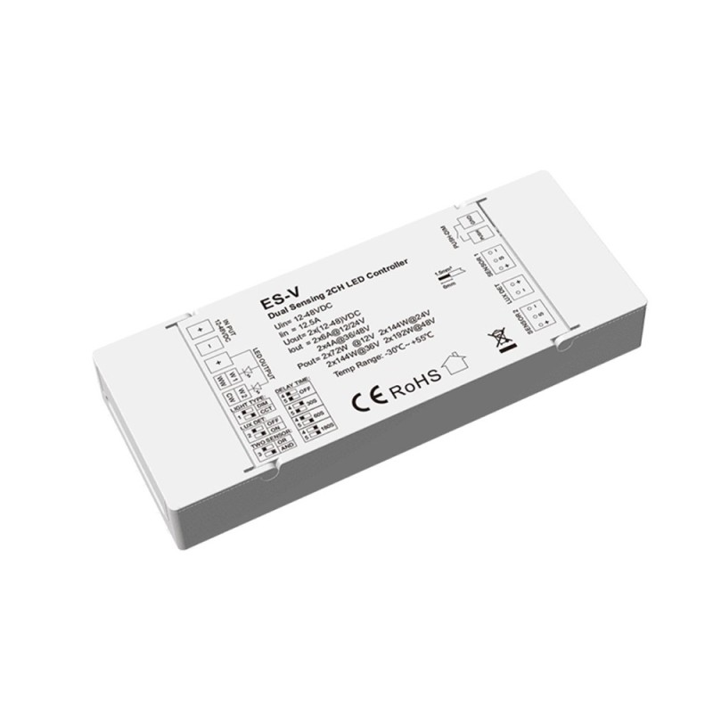 Vienos zonos (1 spalvos arba CCT) valdiklis su 2 judesio davikliais ES-V (12-48V) + Push DIM