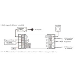 Vienos zonos (1 spalvos arba CCT) valdiklis su 2 judesio davikliais ES-V (12-48V) + Push DIM