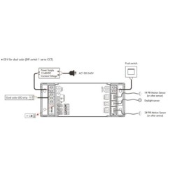 Vienos zonos (1 spalvos arba CCT) valdiklis su 2 judesio davikliais ES-V (12-48V) + Push DIM