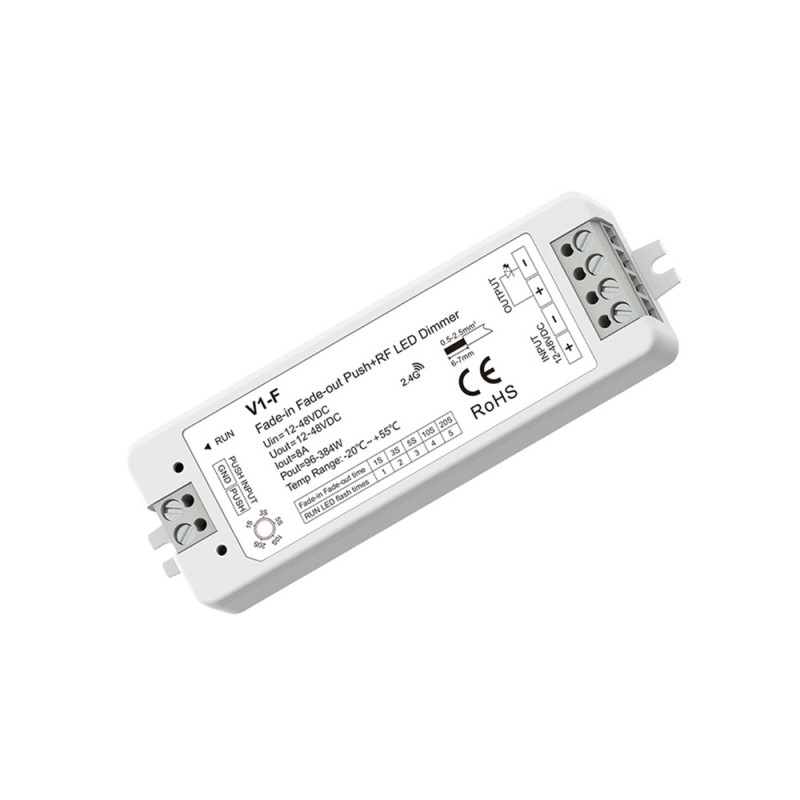 Vienos spalvos reguliuojamo lėto įjungimo ir išjungimo valdiklis V1-F 8A 12-48V IP20 + PUSH DIM