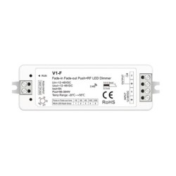 Vienos spalvos reguliuojamo lėto įjungimo ir išjungimo valdiklis V1-F 8A 12-48V IP20 + PUSH DIM