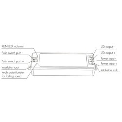 Vienos spalvos reguliuojamo lėto įjungimo ir išjungimo valdiklis V1-F 8A 12-48V IP20 + PUSH DIM