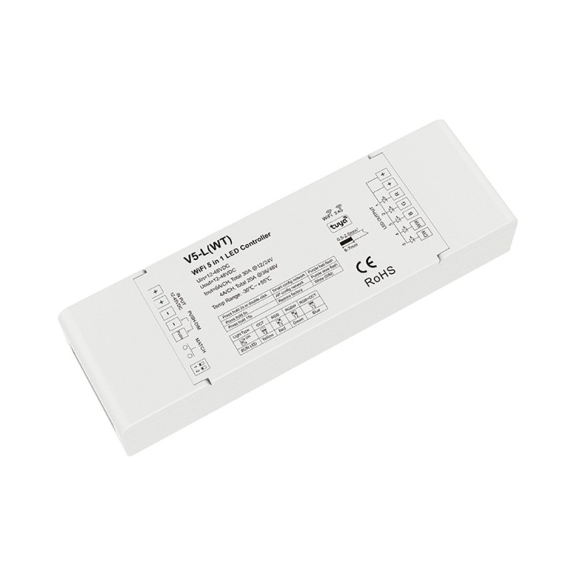 Nuolatinės įtampos 5 kanalų universalus SMART WiFi TUYA vienos spalvos, CCT, RGB/RGBW/RGB+CCT  valdiklis  su galimybe valdyti ba