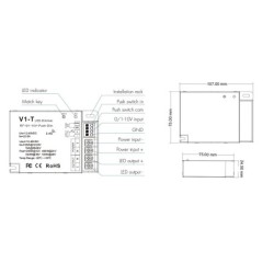 3-in-1 nuolatinės įtampos LED pritemdymo valdiklis V1-T (RF / 0-10V / Push Dim) 4x8A 12-48V