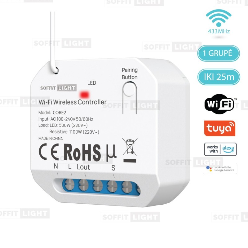 Išmanusis Wi-Fi + RF apšvietimo valdiklis CORE2 (1-kanalo, TUYA / valdymas balsu)