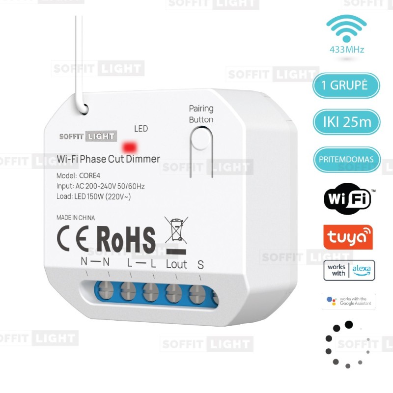 Išmanusis Wi-Fi + RF šviesos reguliatorius / Dimeris CORE4 (TRIAC, TUYA / valdymas balsu)