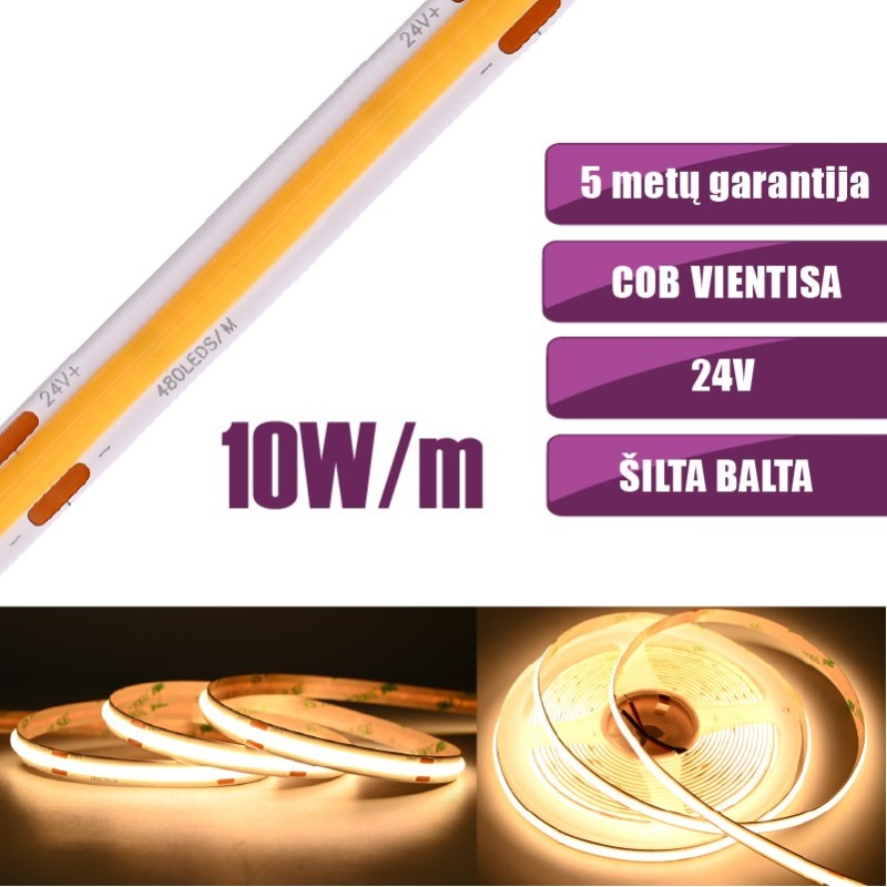 COB vientisa Šilta balta 3000K 10W/m 24V nehermetiška LED juosta 480LED/m IP20 CRI90
