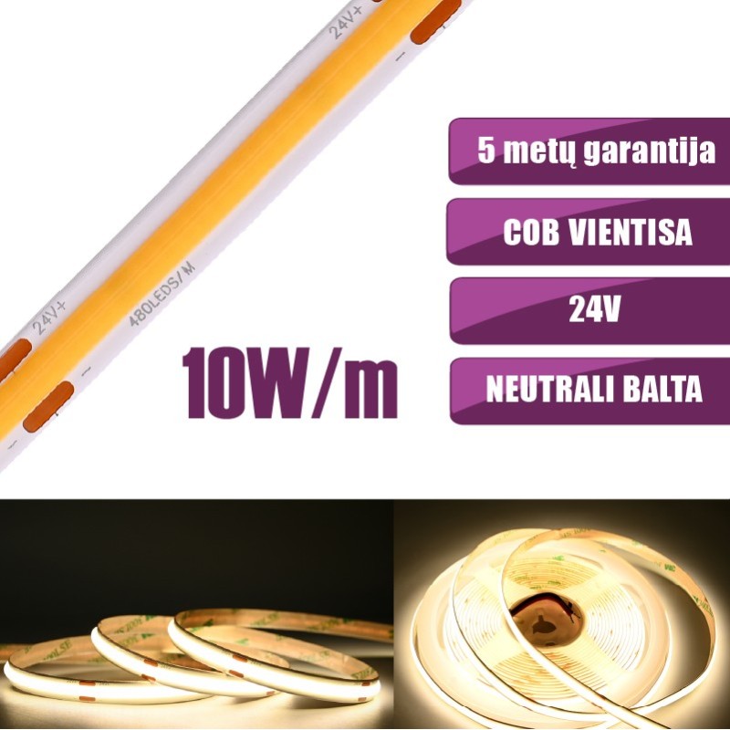 COB vientisa Neutrali balta 4000K 10W/m 24V nehermetiška LED juosta 480LED/m IP20 CRI90