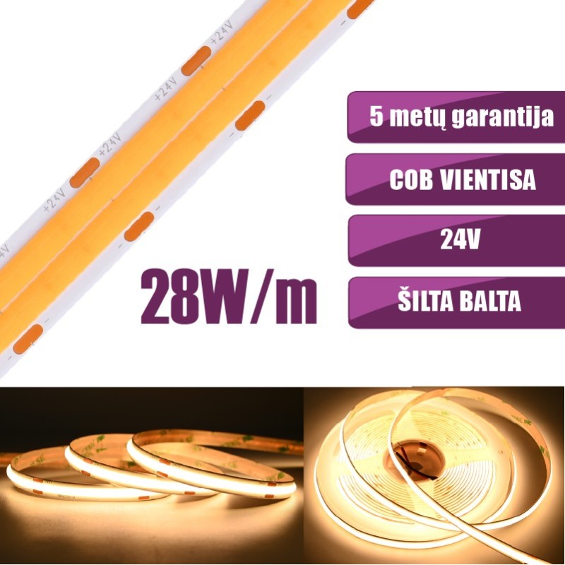 COB vientisa dviguba Šilta balta 3000K 28W/m 24V nehermetiška LED juosta 960LED/m IP20 CRI90