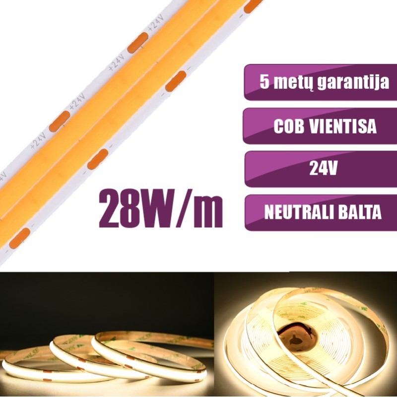 COB vientisa dviguba Neutrali balta 4000K 28W/m 24V nehermetiška LED juosta 960LED/m IP20 CRI90