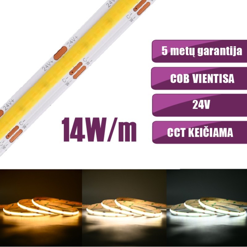 COB vientisa CCT keičiama 2700-6500K 14W/m 24V nehermetiška LED juosta 608LED/m IP20 CRI90