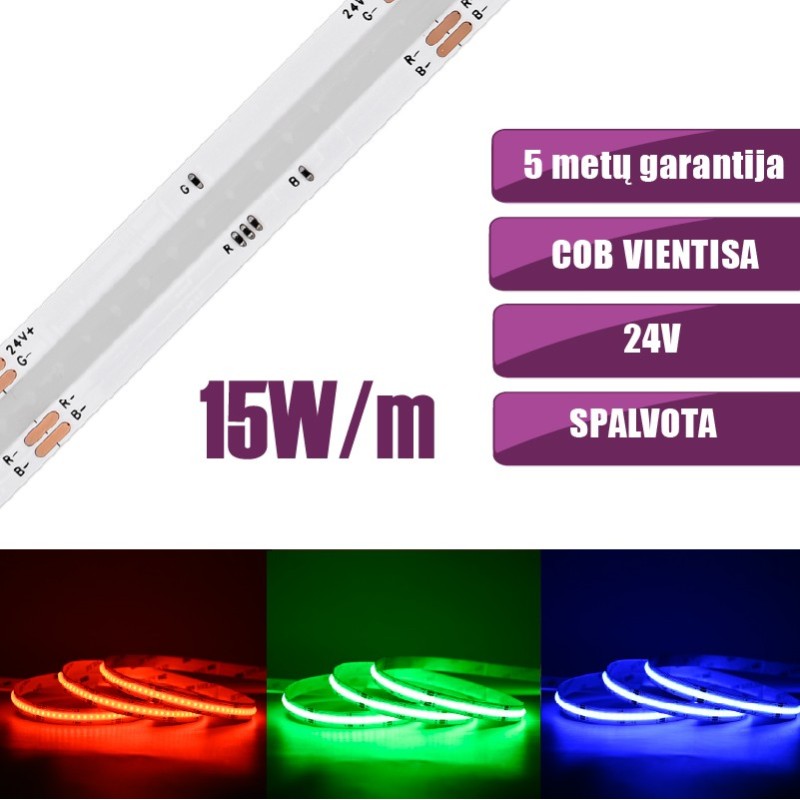 COB vientisa RGB spalvota 15W/m 24V nehermetiška LED juosta 840LED/m IP20 CRI90