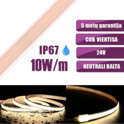 5m COB vientisa Neutrali balta 4000K 10W/m 24V hermetiška LED juosta 480LED/m IP67 CRI90