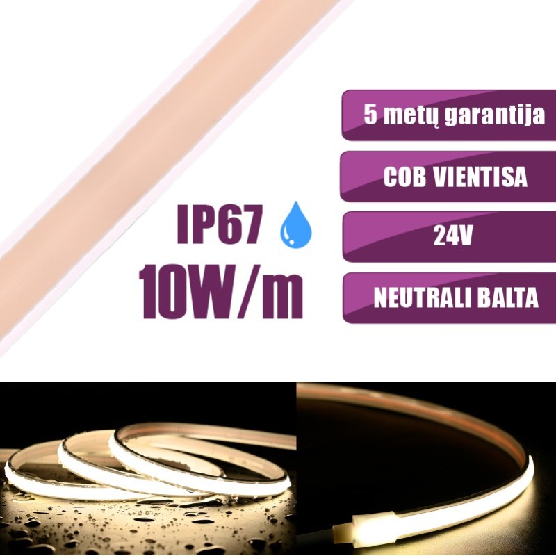5m COB vientisa Neutrali balta 4000K 10W/m 24V hermetiška LED juosta 480LED/m IP67 CRI90